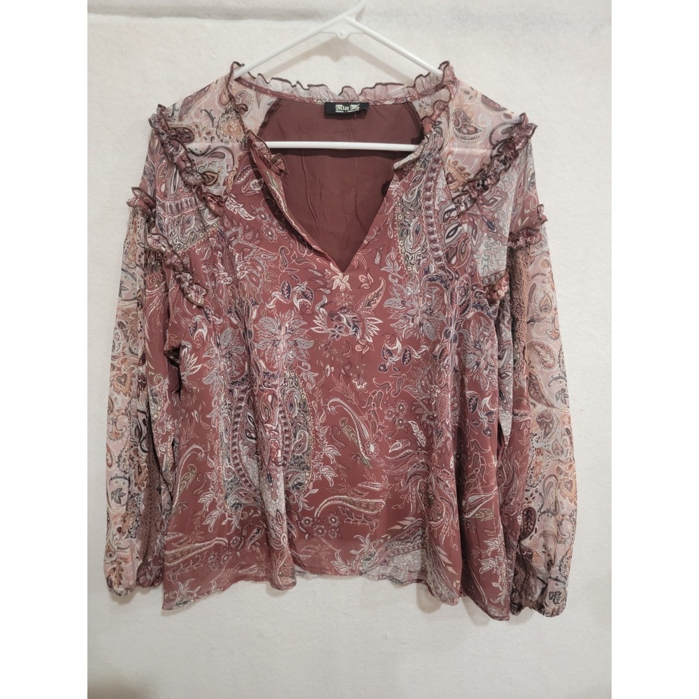 Miss Me Paisley Popover Blouse Mauve Pink Crochet Sleeve Detail Boho Size M